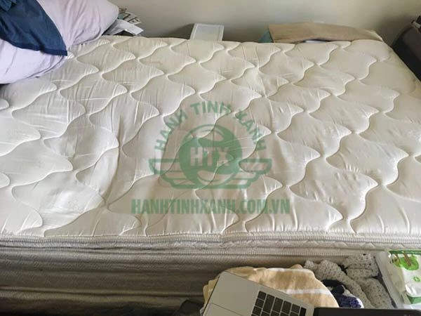 người dùng kiểm tra độ lún nệm Dunlopillo tại showroom